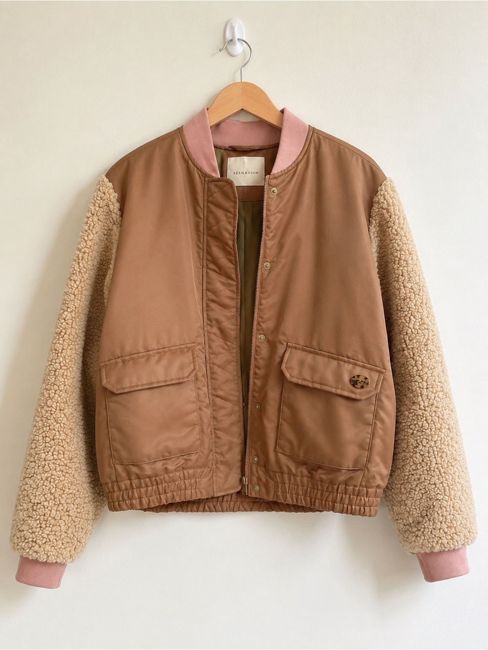 Scotch & Soda Cropped Teddy Sleeve Bomber Jacket Medium Neutral Cozy Chic Coat